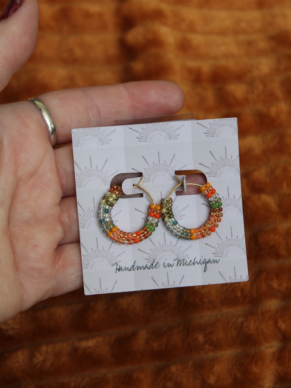 Multicolor Seed Bead Hoop Earrings - Orange, Green, Blue, stainless steel